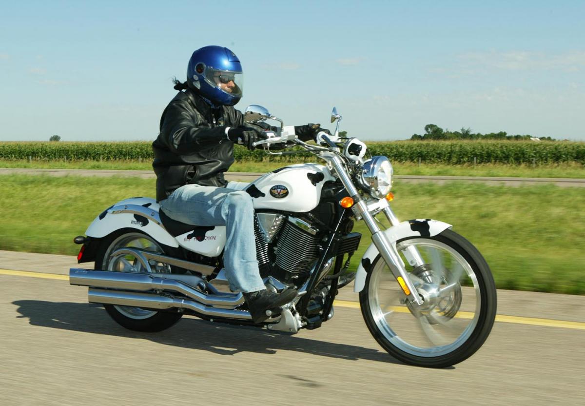 Kyle Petty flew down I-90 in southern Minnesota on a leg of his 2005 charity ride. This Vegas was custom painted in a cow print on behalf of ride sponsor ...